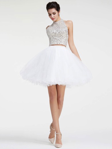 New Arrival Halter Short/Mini Princess Tulle with Sequins Two Piece Backless Prom Dresses #JCD020103278