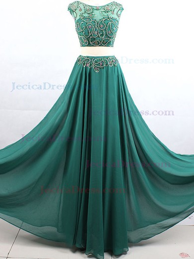 A-line Scoop Neck Chiffon Tulle with Beading Floor-length Affordable Two Piece Prom Dresses #JCD020103280