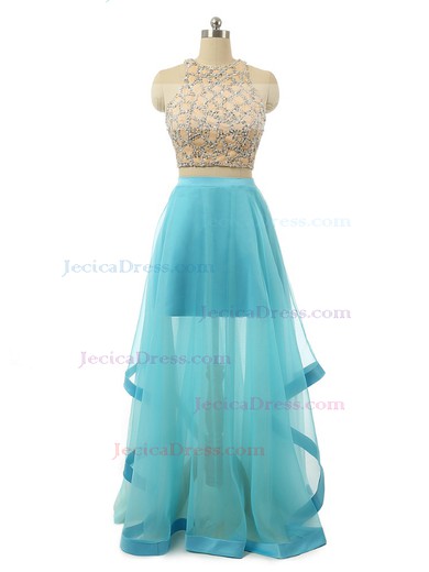 A-line Scoop Neck Tulle with Sequins Floor-length Beautiful Two Piece Prom Dresses #JCD020103283