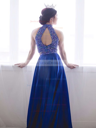 Perfect High Neck A-line Satin with Beading Sweep Train Royal Blue Two Piece Prom Dresses #JCD020103284