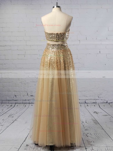 Fashion Champagne Strapless A-line Tulle with Beading Floor-length Two Piece Prom Dresses #JCD020103286