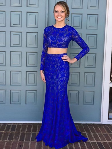 Scoop Neck Royal Blue Sheath/Column Lace with Beading Floor-length Long Sleeve Trendy Two Piece Prom Dresses #JCD020103287