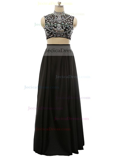 Promotion Black High Neck A-line Satin Crystal Detailing Floor-length Two Piece Open Back Prom Dresses #JCD020103293