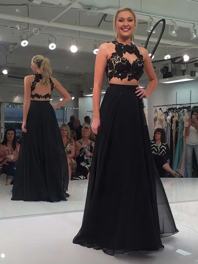 Open Back A-line Scoop Neck Black Chiffon Appliques Lace Floor-length Sexy Two Piece Prom Dresses #JCD020103294