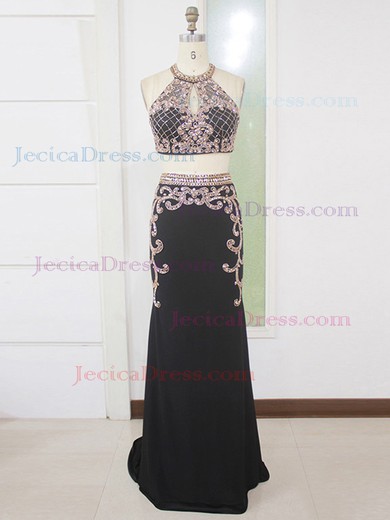 Black Trumpet/Mermaid Scoop Neck Chiffon with Beading Sweep Train Cheap Two Piece Prom Dresses #JCD020103297