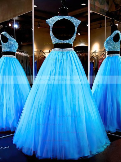 Online Ball Gown Scoop Neck Tulle with Beading Floor-length Two Piece Open Back Prom Dresses #JCD020103298