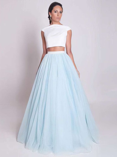 Light Sky Blue Princess Scoop Neck Satin Tulle with Ruffles Floor-length Simple Two Piece Prom Dresses #JCD020103301