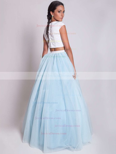 Light Sky Blue Princess Scoop Neck Satin Tulle with Ruffles Floor-length Simple Two Piece Prom Dresses #JCD020103301
