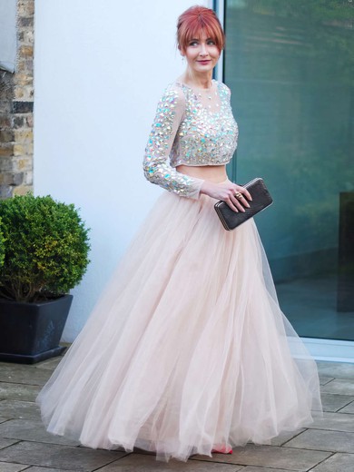 Amazing Scoop Neck Princess Tulle Crystal Detailing Floor-length Two Piece Long Sleeve Prom Dresses #JCD020103302
