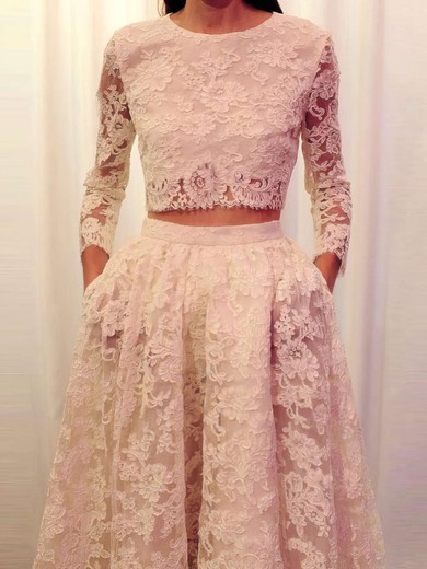 Two Piece A-line Scoop Neck Lace with Pockets Sweep Train Latest Long Sleeve Prom Dresses #JCD020103303