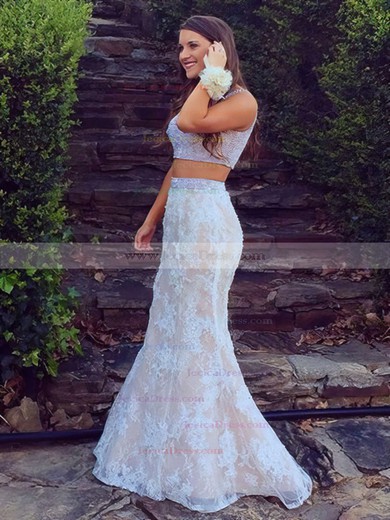 New Style Two Piece Scoop Neck Lace with Pearl Detailing Sweep Train Trumpet/Mermaid Prom Dresses #JCD020103304
