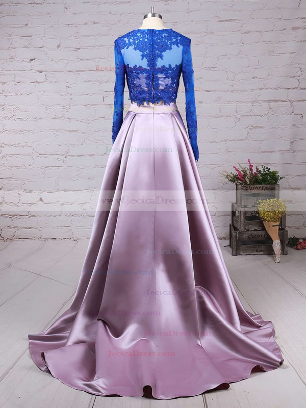 Ball Gown Scalloped Neck Tulle Elastic Woven Satin Appliques Lace Sweep Train Modest Long Sleeve Two Piece Prom Dresses #JCD020103307