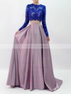 Ball Gown Scalloped Neck Tulle Elastic Woven Satin Appliques Lace Sweep Train Modest Long Sleeve Two Piece Prom Dresses #JCD020103307