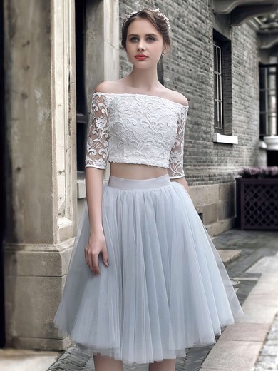 Knee-length Princess Off-the-shoulder Lace Tulle with Ruffles Girls Two Piece 1/2 Sleeve Prom Dresses #JCD020103308