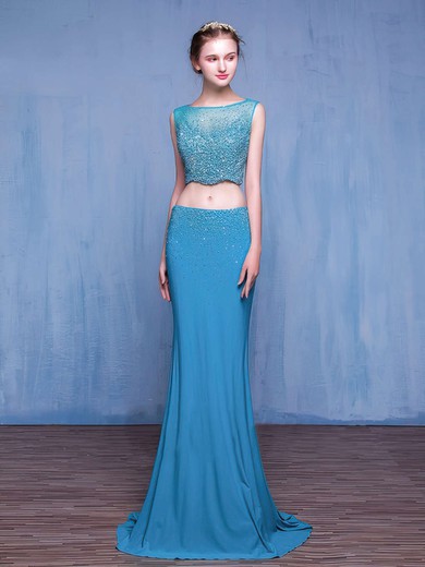Scoop Neck Chiffon Tulle with Beading Sweep Train Trumpet/Mermaid Amazing Two Piece Prom Dresses #JCD020103309