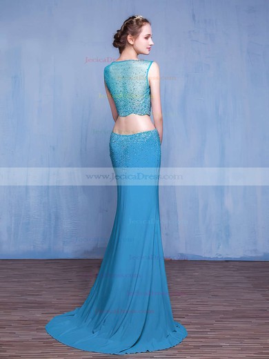 Scoop Neck Chiffon Tulle with Beading Sweep Train Trumpet/Mermaid Amazing Two Piece Prom Dresses #JCD020103309