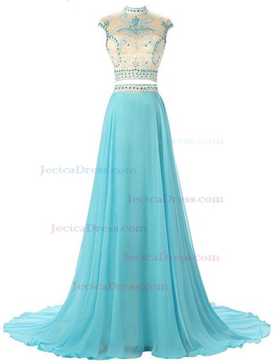 Affordable A-line Chiffon with Beading Sweep Train Two Piece High Neck Prom Dresses #JCD020103312