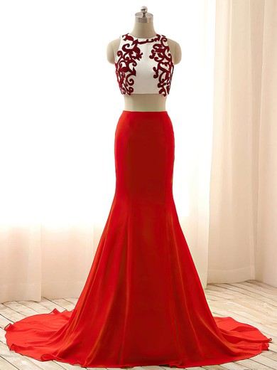 Scoop Neck Red Chiffon Appliques Lace Sweep Train Latest Trumpet/Mermaid Two Piece Prom Dresses #JCD020103315