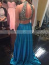 High Neck A-line Satin Crystal Detailing Sweep Train Prettiest Two Piece Open Back Prom Dresses #JCD020103316