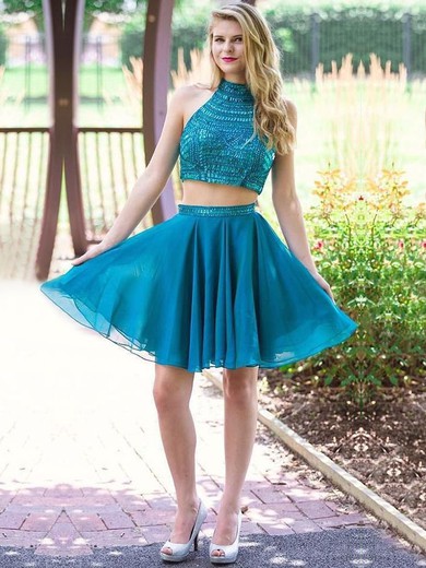Short/Mini A-line High Neck Chiffon with Crystal Detailing Popular Two Piece Prom Dresses #JCD020103318