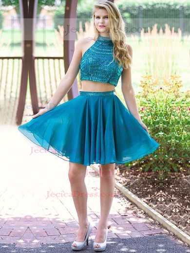 Short/Mini A-line High Neck Chiffon with Crystal Detailing Popular Two Piece Prom Dresses #JCD020103318