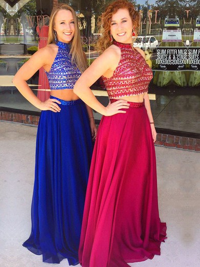 Beautiful A-line Chiffon with Beading Floor-length High Neck Two Piece Prom Dresses #JCD020103319