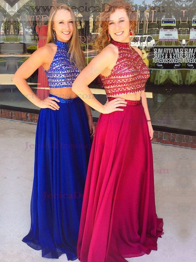 Beautiful A-line Chiffon with Beading Floor-length High Neck Two Piece Prom Dresses #JCD020103319