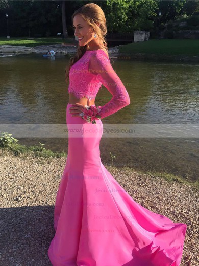 Two Piece Scoop Neck Lace Satin with Beading Court Train Trumpet/Mermaid Long Sleeve Sweet Prom Dresses #JCD020103320