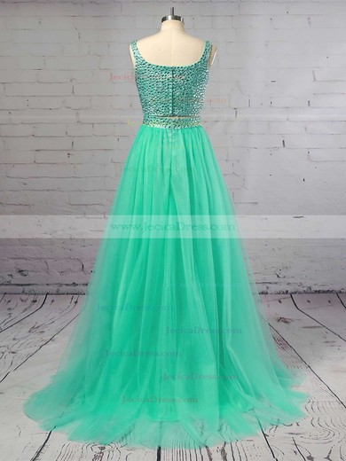Princess Square Neckline Tulle with Crystal Detailing Sweep Train Fabulous Two Piece Prom Dresses #JCD020103321