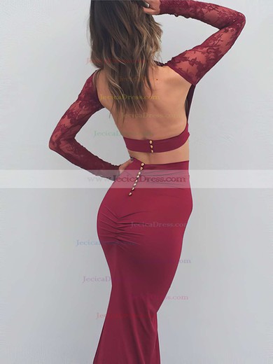 Trumpet/Mermaid Scoop Neck Lace Jersey with Lace Sweep Train Backless Long Sleeve Two Piece Sexy Prom Dresses #JCD020103323