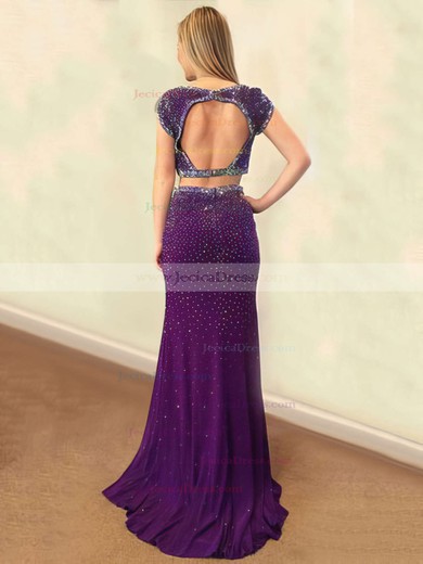 Elegant Scoop Neck Silk-like Satin with Beading Sweep Train Trumpet/Mermaid Two Piece Open Back Prom Dresses #JCD020103324
