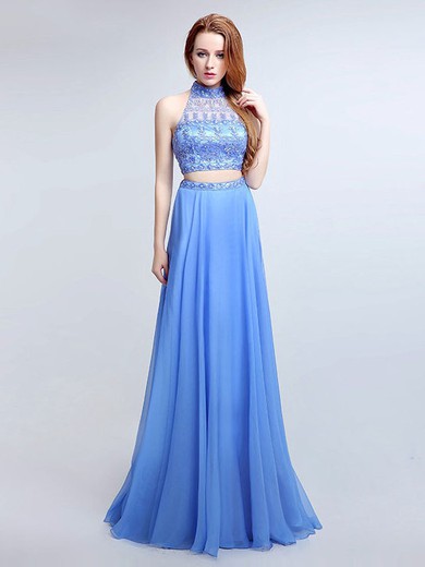 Perfect Two Piece High Neck A-line Tulle Chiffon with Beading Floor-length Open Back Prom Dresses #JCD020103325