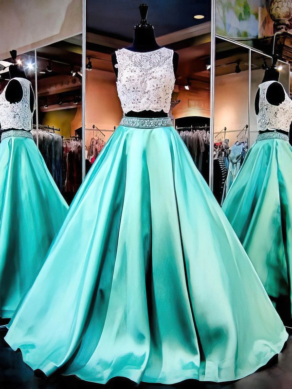 Ball Gown Scoop Neck Lace Satin with Beading Floor-length Boutique Two Piece Prom Dresses #JCD020103329
