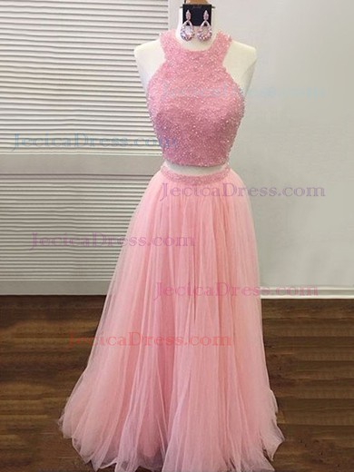 Pretty A-line Scoop Neck Tulle with Sequins Floor-length Two Piece Pink Prom Dresses #JCD020103332