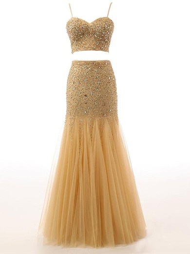 Trumpet/Mermaid Backless Sweetheart Tulle with Sequins Floor-length Stunning Two Piece Prom Dresses #JCD020103333