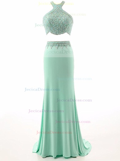 Two Piece Trumpet/Mermaid Scoop Neck Silk-like Satin Crystal Detailing Sweep Train Custom Open Back Prom Dresses #JCD020103334