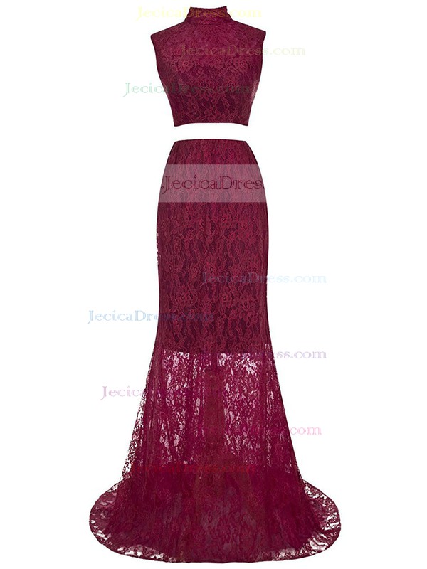 High Neck Trumpet/Mermaid Lace Sweep Train Inexpensive Two Piece Prom Dresses #JCD020103336