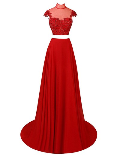 Affordable Red A-line Chiffon Tulle with Beading Sweep Train Two Piece High Neck Prom Dresses #JCD020103337