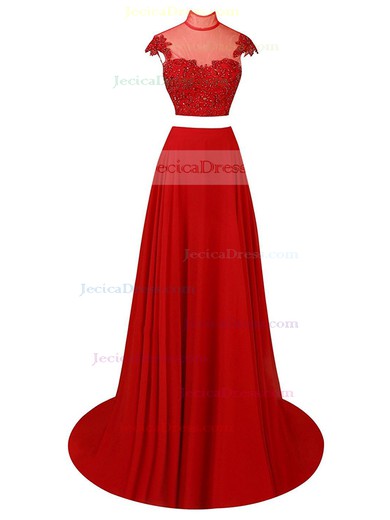 Affordable Red A-line Chiffon Tulle with Beading Sweep Train Two Piece High Neck Prom Dresses #JCD020103337