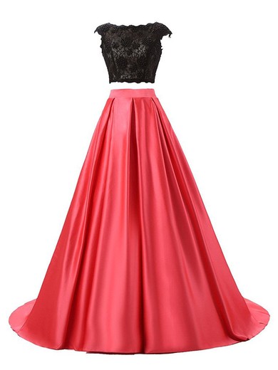 Scoop Neck Ball Gown Lace Satin Pearl Detailing Sweep Train Modest Open Back Two Piece Prom Dresses #JCD020103338