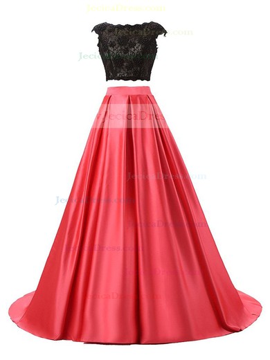 Scoop Neck Ball Gown Lace Satin Pearl Detailing Sweep Train Modest Open Back Two Piece Prom Dresses #JCD020103338