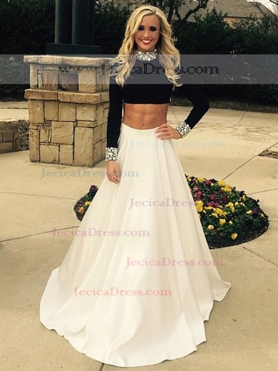 High Neck A-line Satin with Beading Floor-length Popular Two Piece Backless Long Sleeve Prom Dresses #JCD020103340