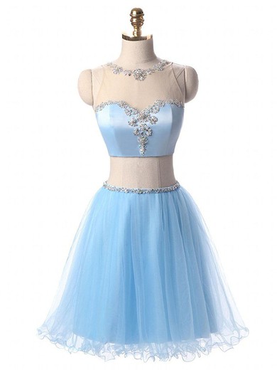 Cute Open Back Short/Mini A-line Scoop Neck Satin Tulle with Beading Two Piece Prom Dresses #JCD020103342
