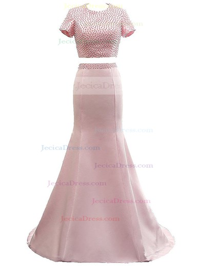 Sweet Two Piece Pink Trumpet/Mermaid Scoop Neck Satin Pearl Detailing Sweep Train Short Sleeve Prom Dresses #JCD020103344