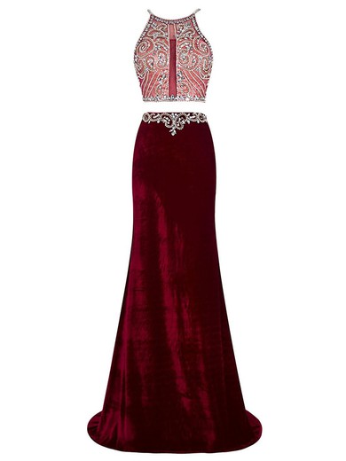 Trumpet/Mermaid Scoop Neck Velvet with Crystal Detailing Sweep Train Original Two Piece Backless Prom Dresses #JCD020103345
