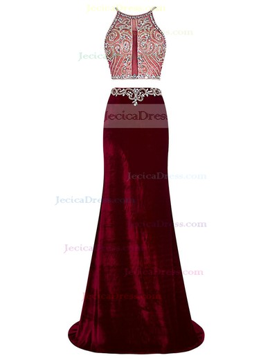Trumpet/Mermaid Scoop Neck Velvet with Crystal Detailing Sweep Train Original Two Piece Backless Prom Dresses #JCD020103345