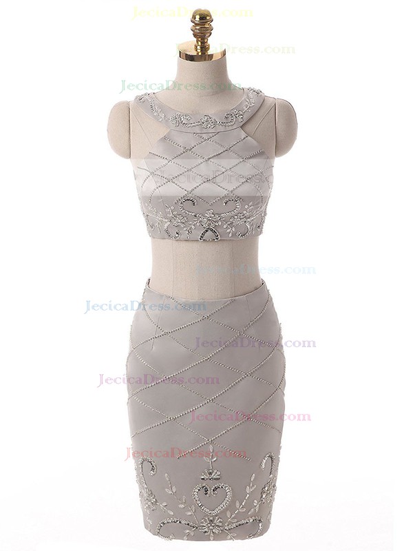 Short/Mini Sheath/Column Scoop Neck Satin Crystal Detailing Cheap Open Back Two Piece Prom Dresses #JCD020103347