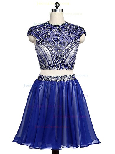 Beautiful A-line Scoop Neck Royal Blue Chiffon with Beading Two Piece Short/Mini Prom Dresses #JCD020103350