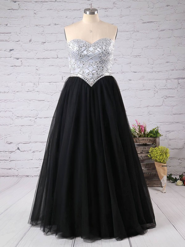 Princess Sweetheart Black Tulle with Beading Floor-length Perfect Plus Size Prom Dresses #JCD020103399