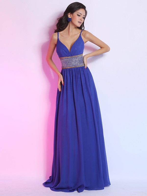Pretty Chiffon with Crystal Detailing Spaghetti Straps V-neck Floor-length Prom Dress #JCD02014266